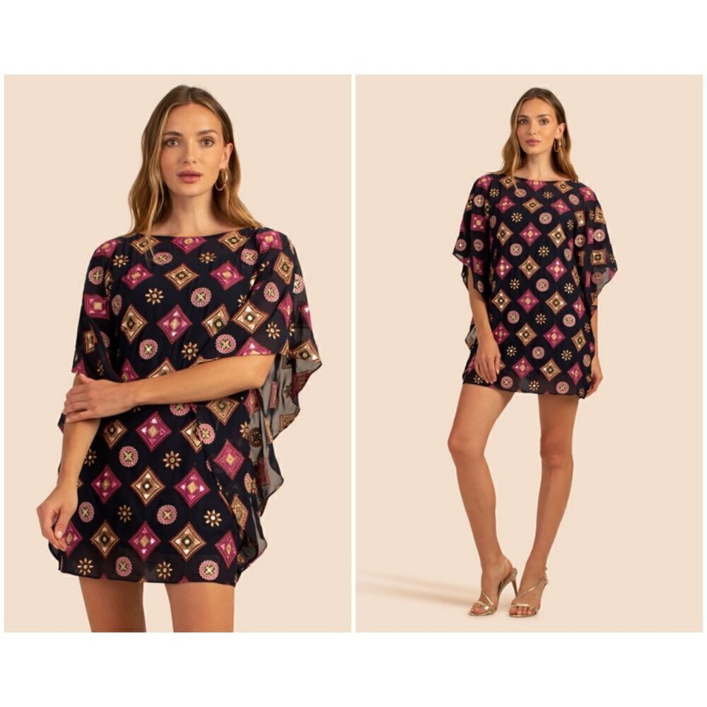 💕TRINA TURK💕 Anissa Caftan Dress Zari Embroidered Georgette Multi-Color 12 NEW